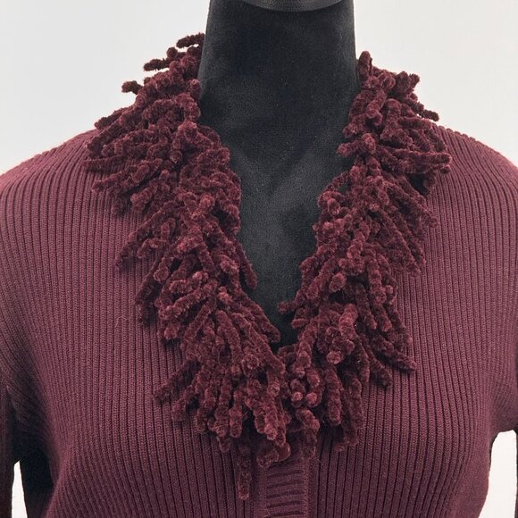 Angel Sabri Ozel Cardigan Sweater Womens S Burgundy‎ Fringe Collar Ribbed Button - Picture 3 of 7